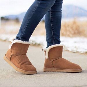 Fireside Dearfoams Womens 6 Perth Genuine Shearling Foldover Bootie Chesnut NWT
